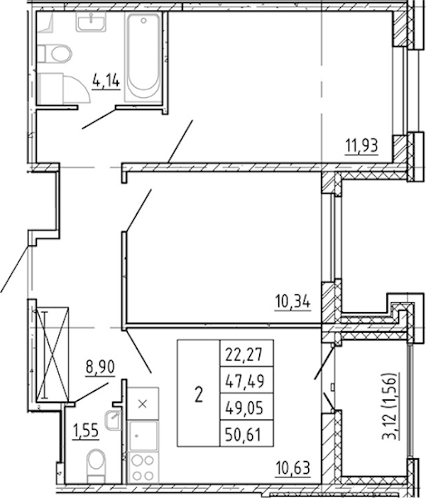 2-комнатная квартира 47.49 м², 12/12 эт., ЖК «Полис Новоселье»